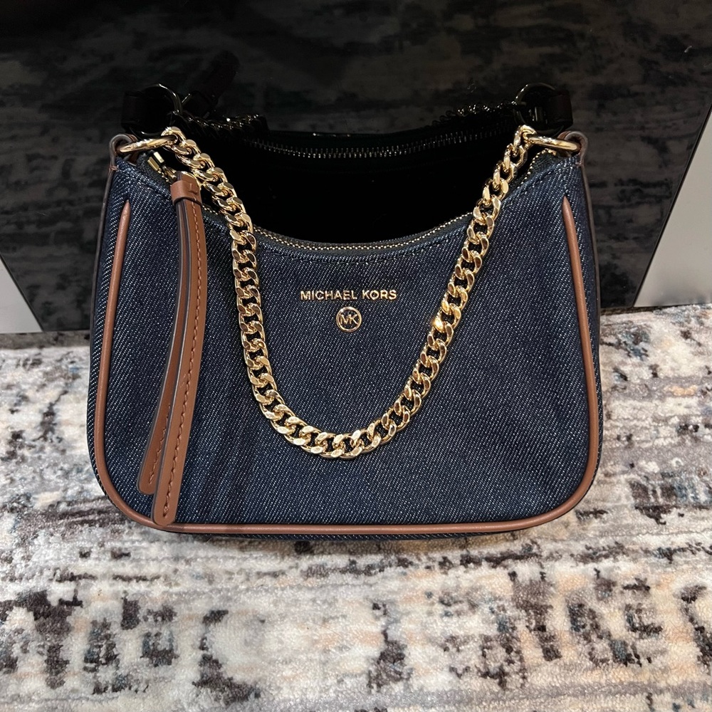 Michael Kors Jet Set Small Chain Denim Pochette Blue and Brown Shoulder Bag